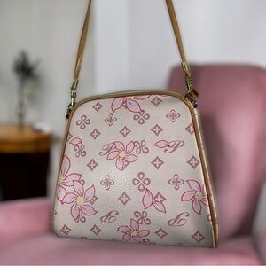 Vintage Y2K Cream and Pink Cherry Blossom Monogram Patterned Shoulder Bag